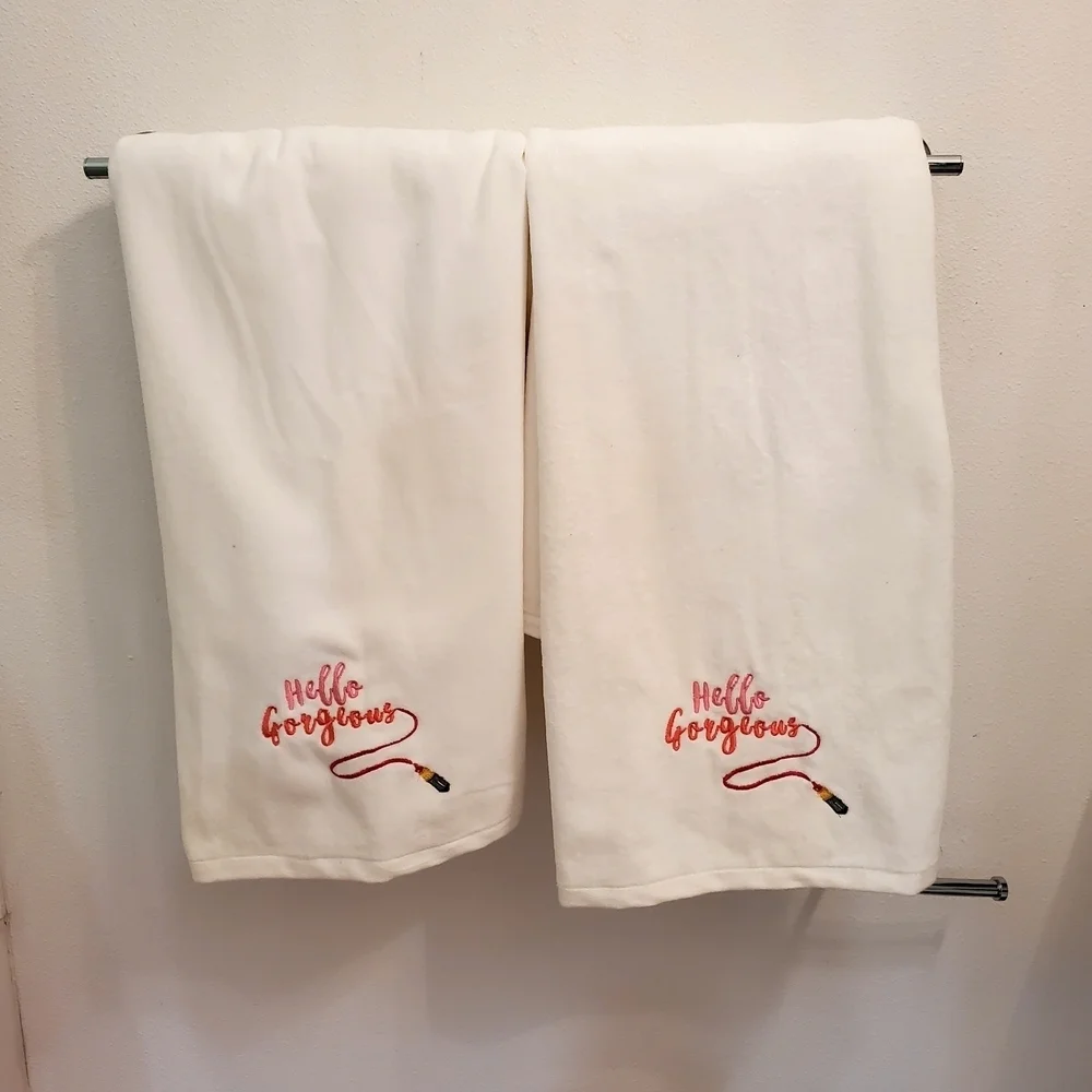 White Towels with Embroidered 'Hello Gorgeous'